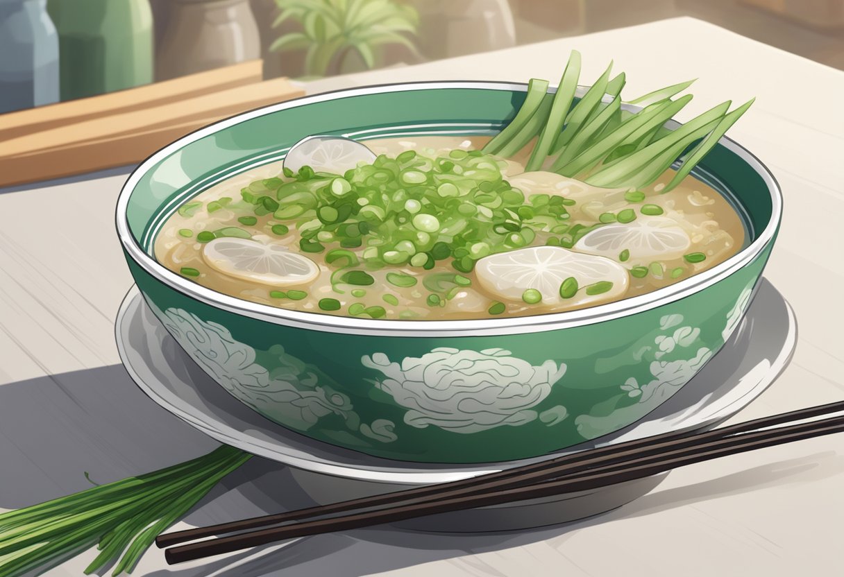 A bowl of Singaporean frog porridge sits steaming on a table, garnished with green onions and ginger slices