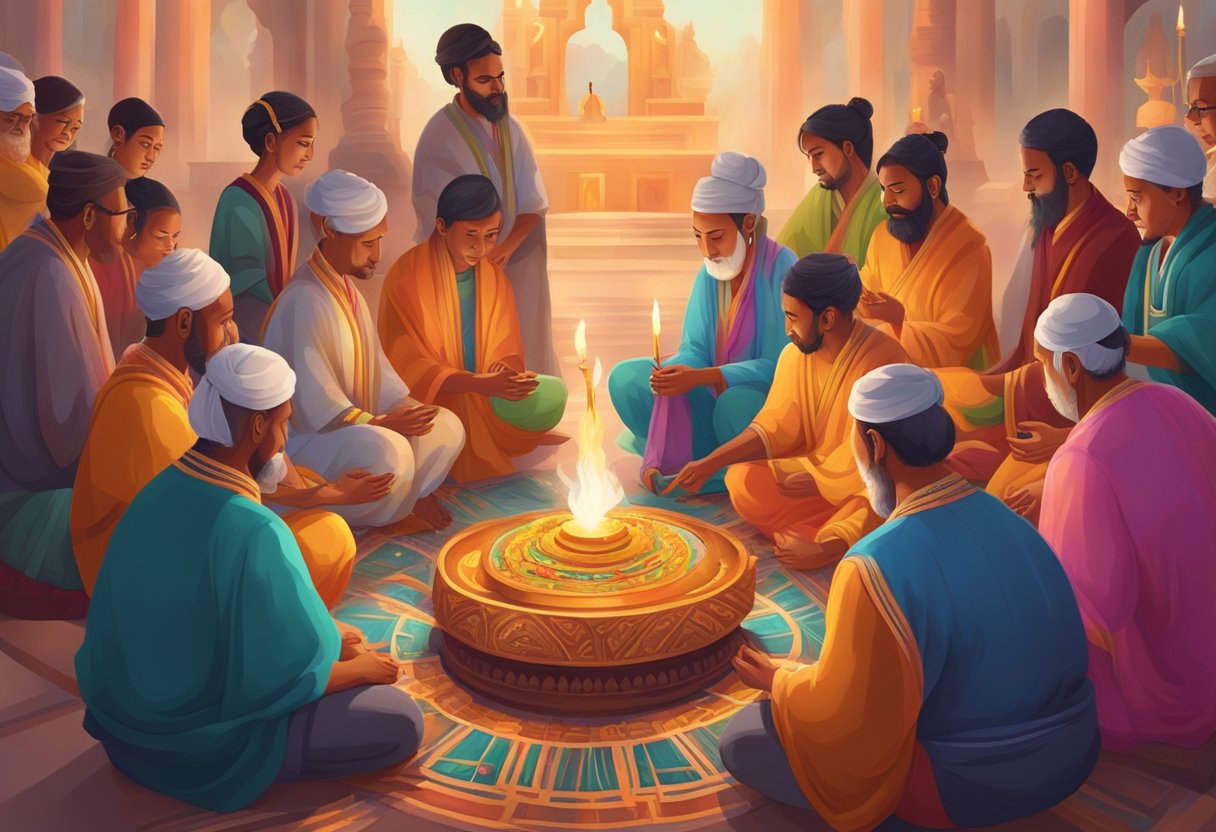 A group of people gather around a colorful altar, adorned with offerings and burning incense. The air is filled with the sound of chanting and the gentle clinking of ritual objects