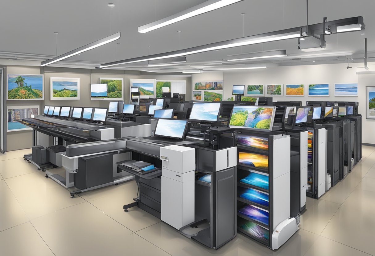A photo printing shop in Singapore with various printing machines, computer stations, and a display of printed photos on the walls