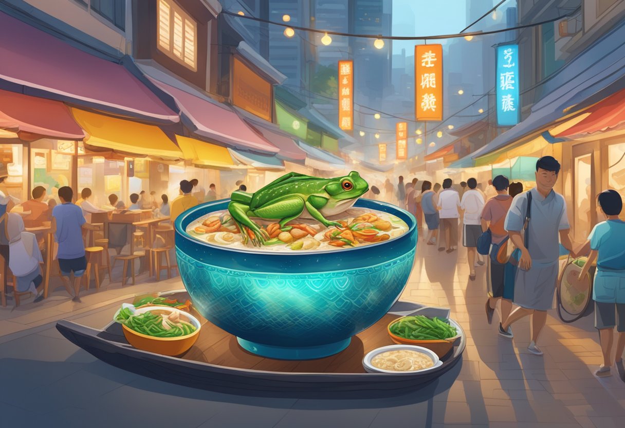 A bowl of fragrant frog leg porridge surrounded by bustling hawker stalls and colorful lanterns in the vibrant streets of Singapore