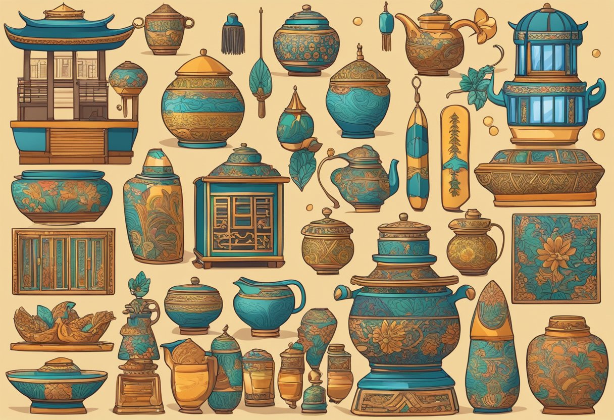 A colorful array of traditional Singaporean artifacts and cultural items displayed in an organized and inviting manner, with intricate details and vibrant colors