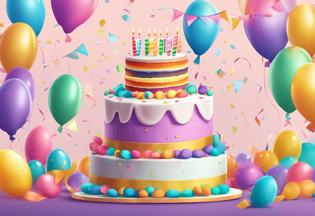 A colorful birthday cake surrounded by balloons and confetti, with a banner reading "Frequently Asked Questions birthday deals singapore" displayed prominently