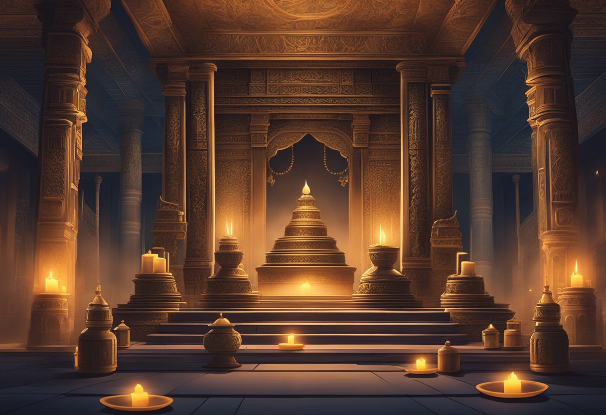 A serene temple with incense smoke, flickering candles, and intricate altars in a dimly lit room