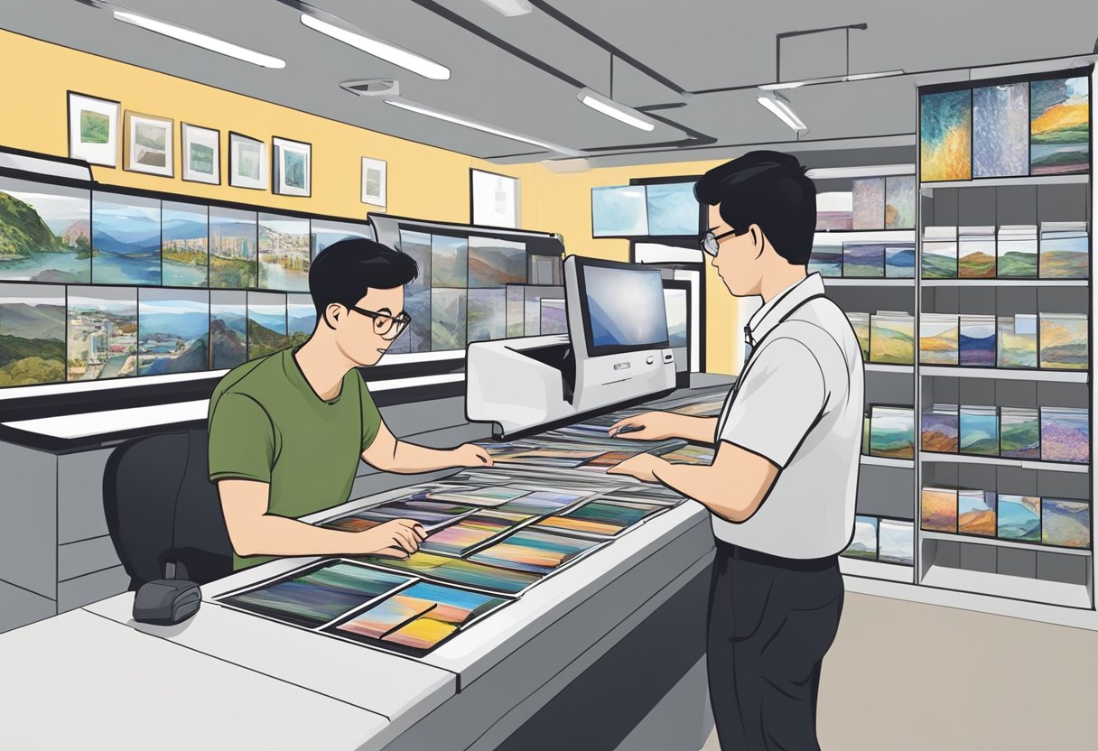 A customer at a photo printing shop in Singapore, selecting images and discussing options with a staff member