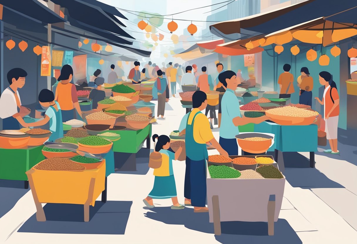 A bustling Singapore street market with vendors selling aromatic bowls of cháo ếch, surrounded by vibrant colors and the sounds of sizzling woks