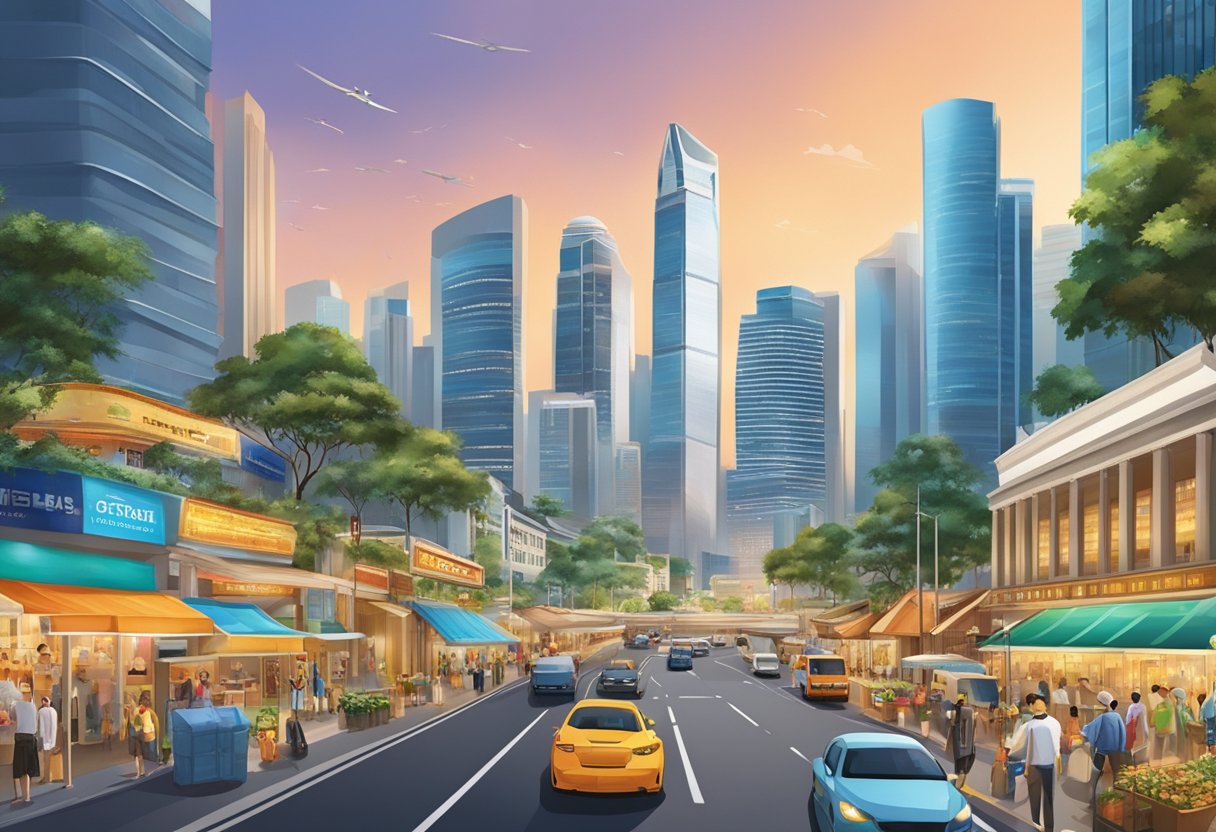 The bustling streets of continental Singapore, with towering skyscrapers, vibrant markets, and bustling traffic, all set against a stunning skyline