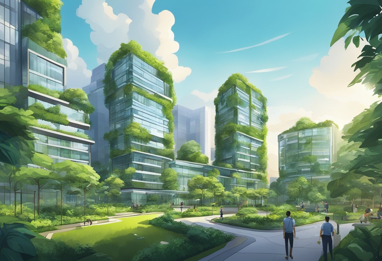 Lush greenery surrounds modern buildings in Science Park Singapore. Research labs and tech companies thrive in this innovative hub