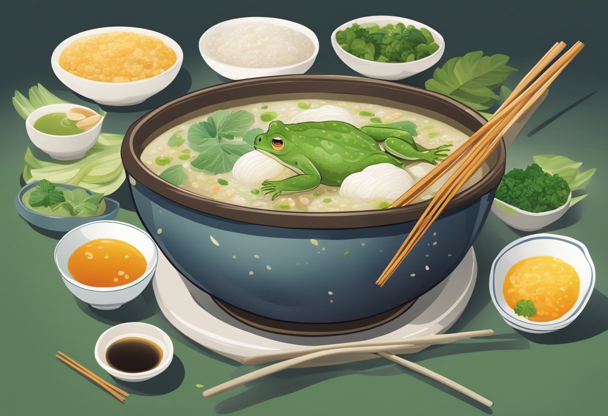 A bowl of Singaporean frog porridge with steam rising, surrounded by condiments and utensils on a table