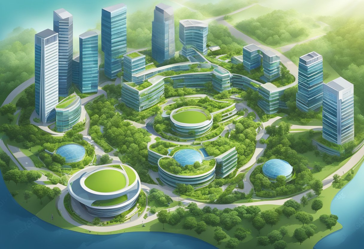 Aerial view of Singapore Science Park with modern buildings, lush greenery, and winding pathways