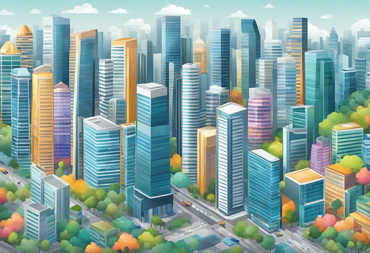 A bustling city skyline with modern skyscrapers and vibrant business districts in Asia continental Singapore