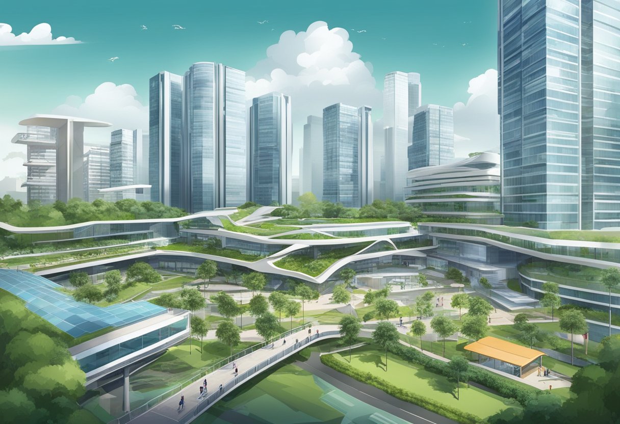 The science park in Singapore is bustling with activity, with modern buildings and green spaces seamlessly connected by walkways and bridges