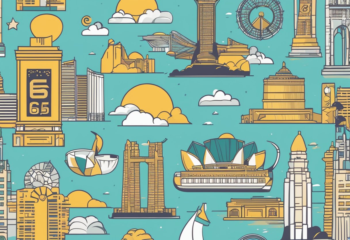 A phone with "65" displayed, against a backdrop of iconic Singapore landmarks and symbols