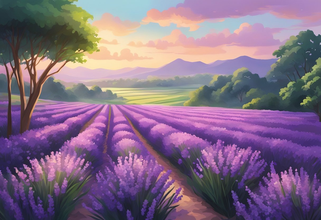 Vibrant lavender fields in Singapore sway in the gentle breeze, creating a sea of purple hues against the backdrop of lush greenery