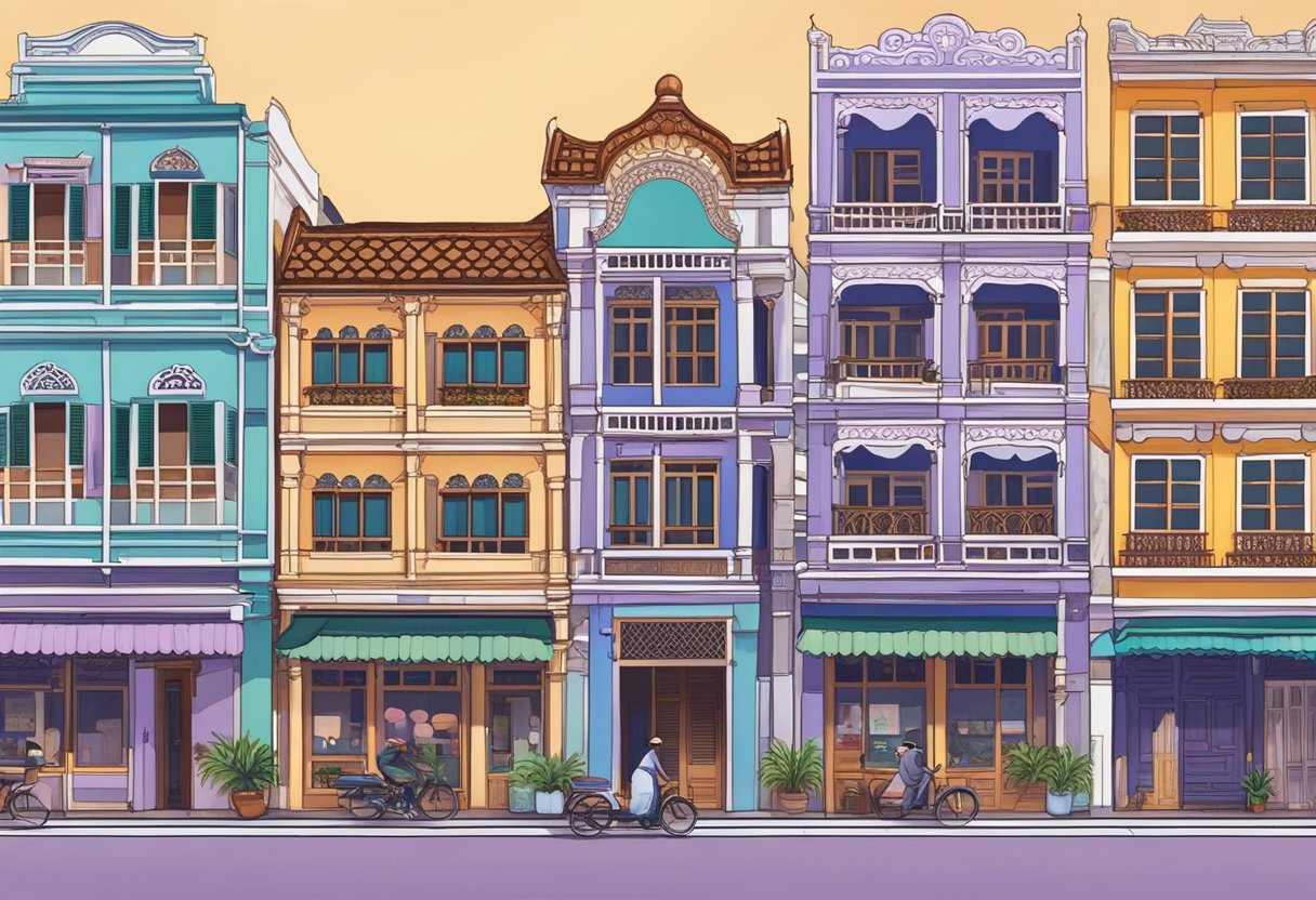 Vibrant Peranakan shophouses line the streets, adorned with intricate ceramic tiles and colorful facades. Aromatic lavender fields stretch across the horizon, with traditional Chinese and Malay architecture in the background