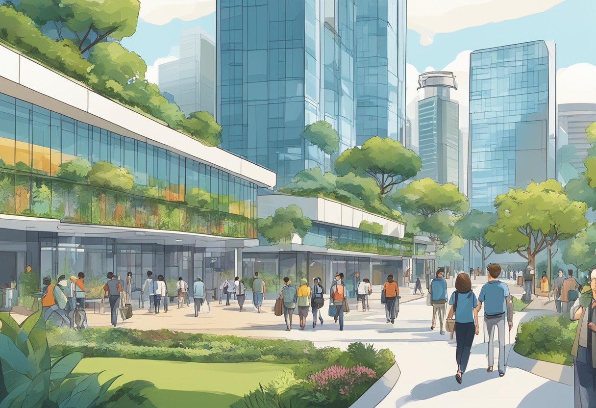 A bustling science park with modern buildings, greenery, and people walking around. Signs and banners display "Frequently Asked Questions" and "Singapore" in bold letters
