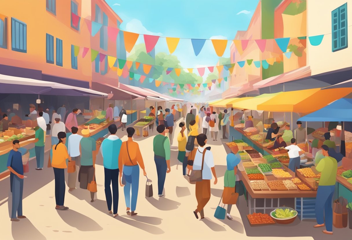A bustling outdoor food market with colorful stalls and lively patrons enjoying a variety of international cuisine and drinks
