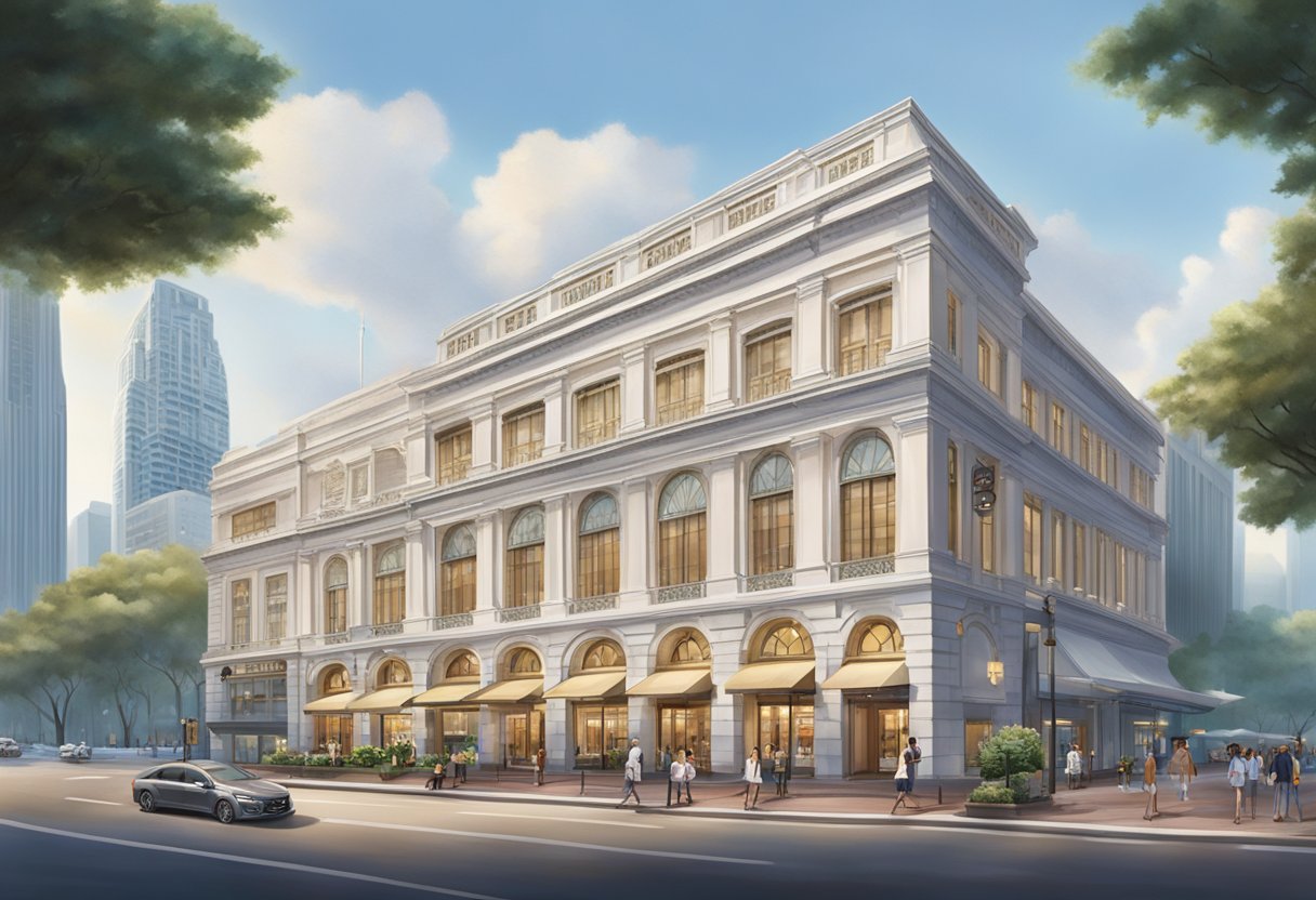 The iconic exterior of Brooks Brothers Singapore, with its classic architecture and prominent signage, stands out against the bustling city backdrop