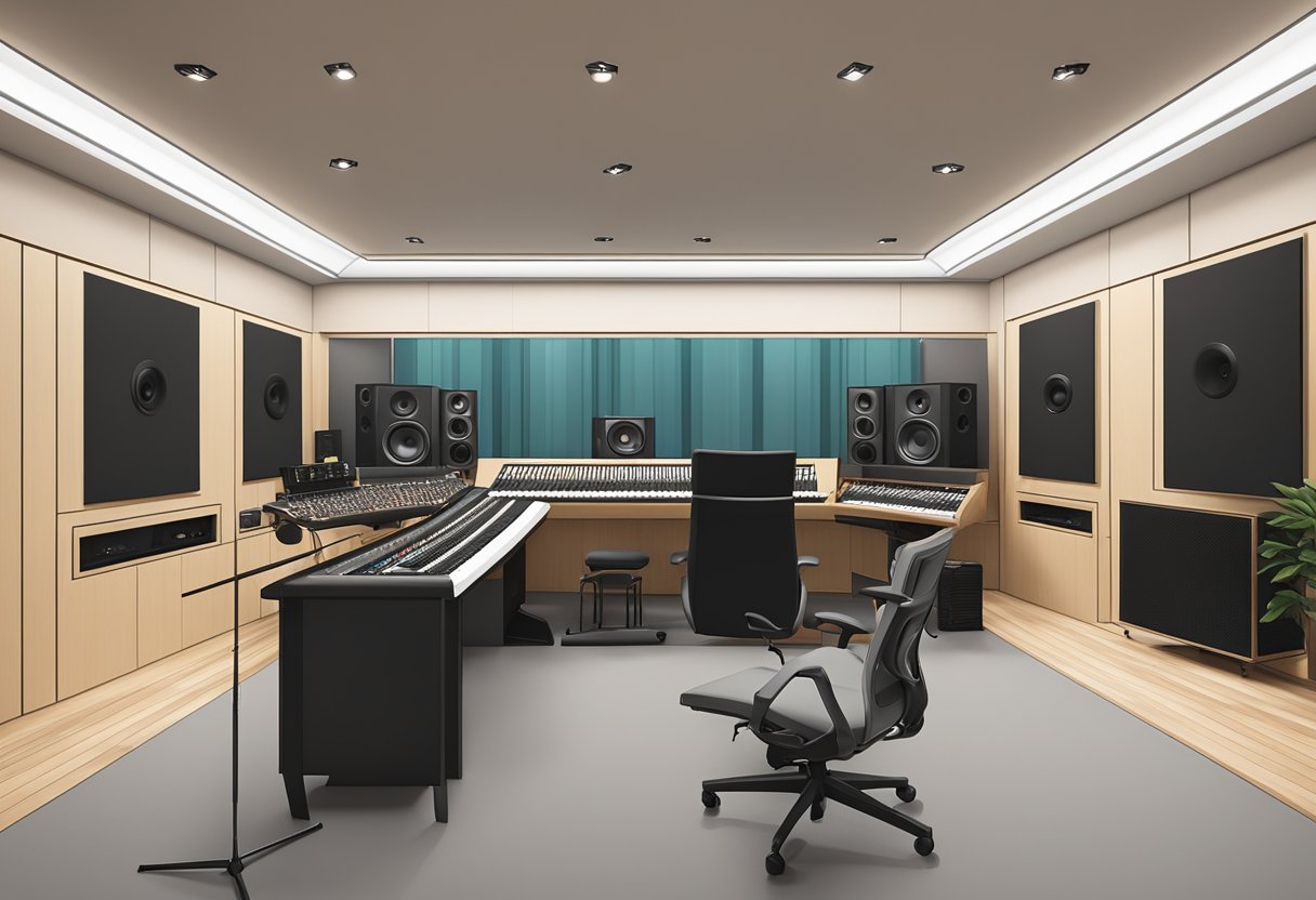 A modern, minimalist recording studio with sleek equipment and soundproof walls in Cash Studio Singapore