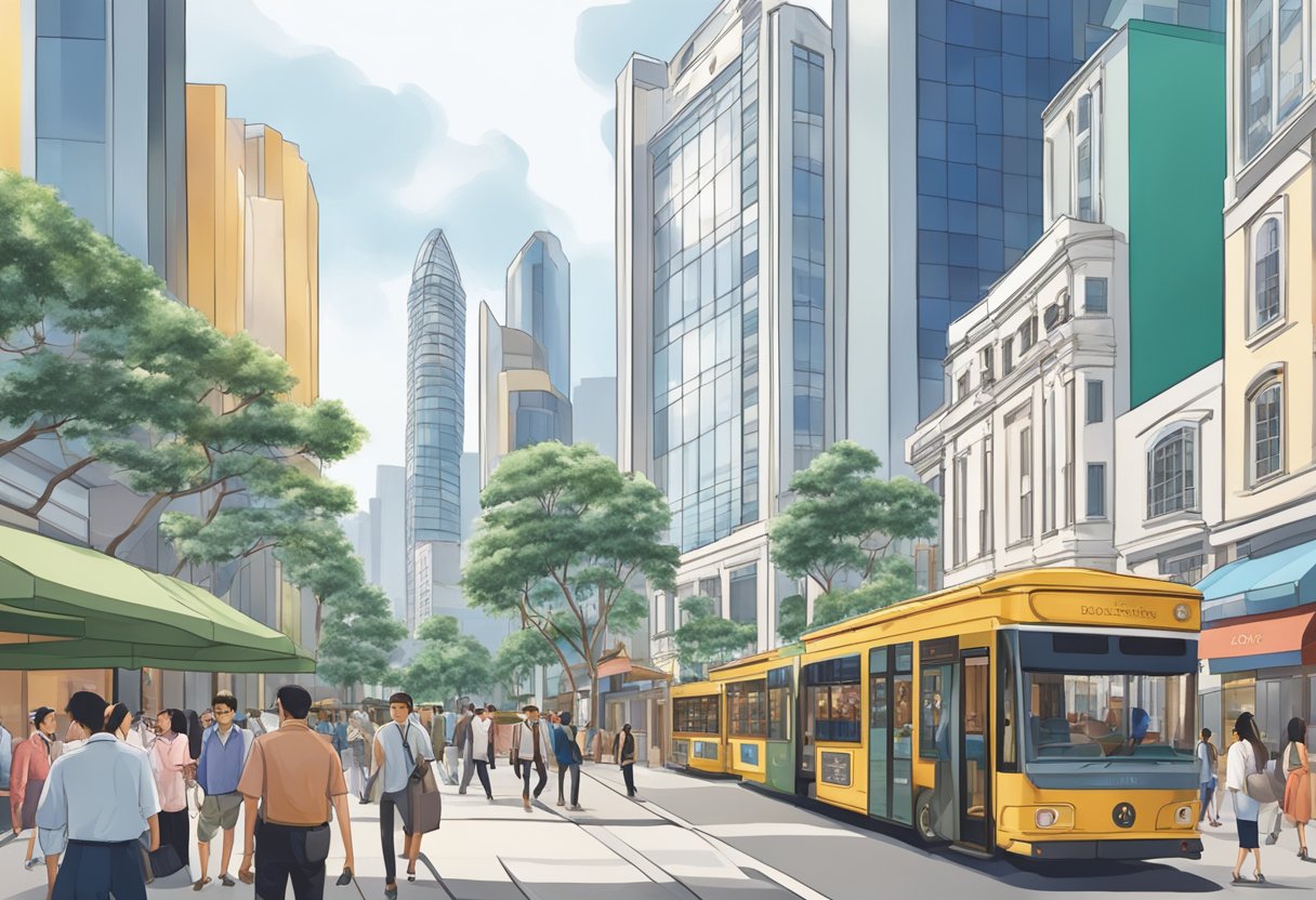 A bustling cityscape with iconic Brooks Brothers storefront, surrounded by modern buildings and vibrant street life in Singapore