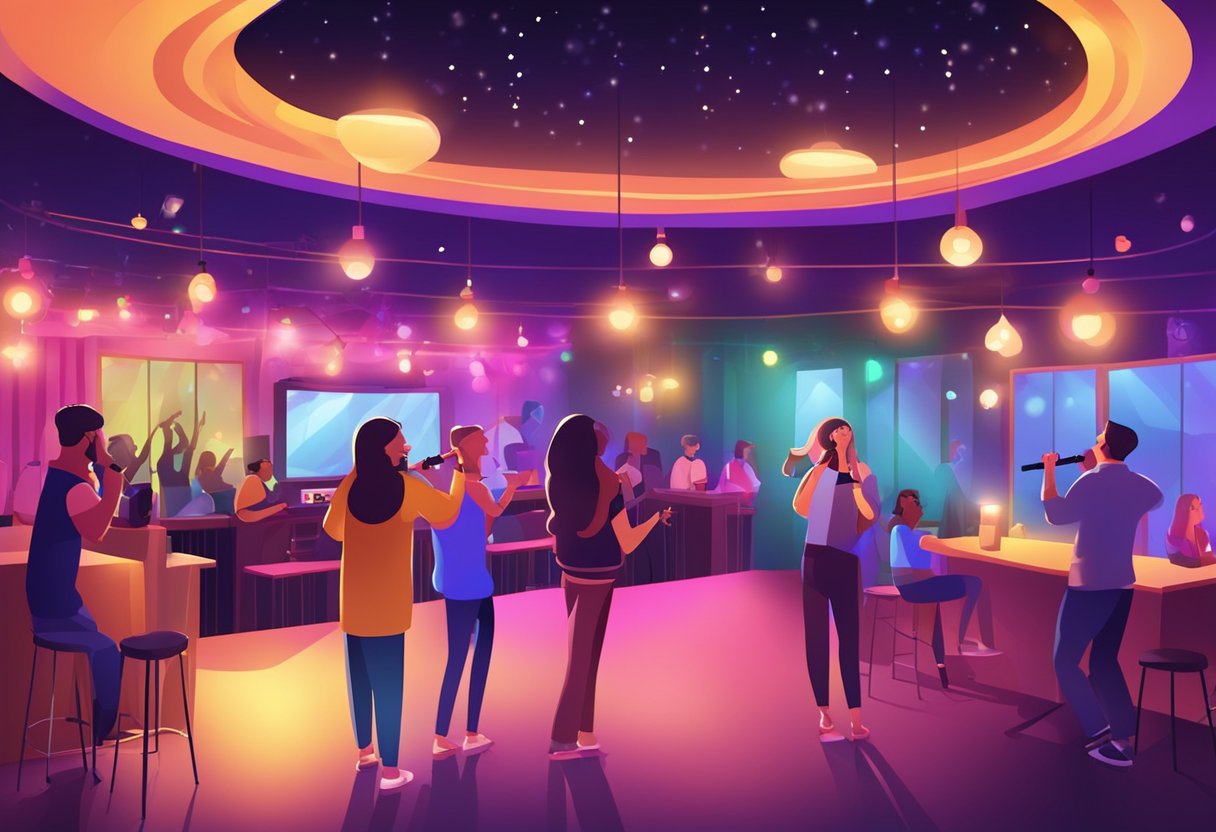 A lively karaoke studio with colorful lights, cozy booths, and a stage. People sing and dance while surrounded by music equipment and a vibrant atmosphere
