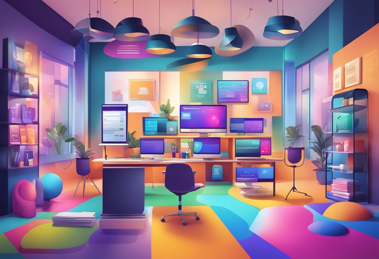 A vibrant studio with promotional materials and social media icons displayed. Cash transactions taking place in the background