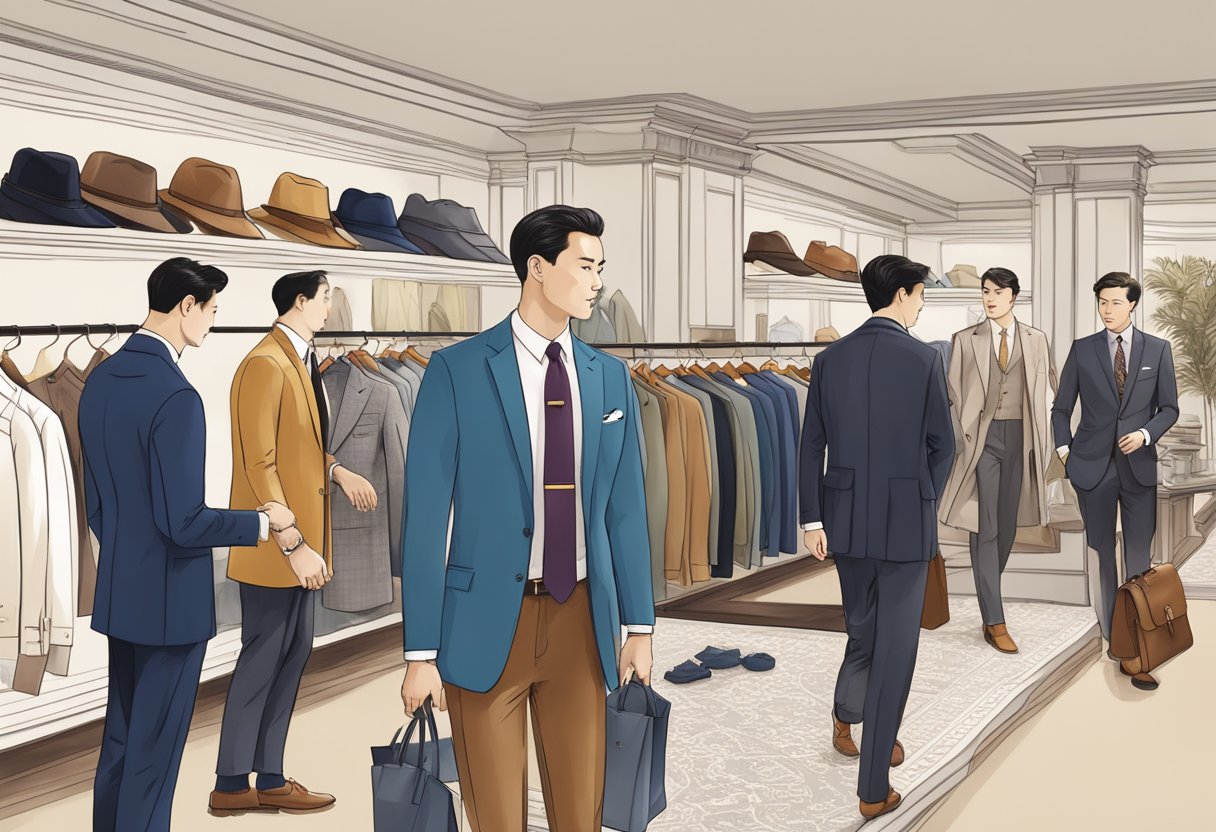 Customers browsing stylish menswear at Brooks Brothers Singapore, surrounded by a wide range of high-quality clothing and accessories