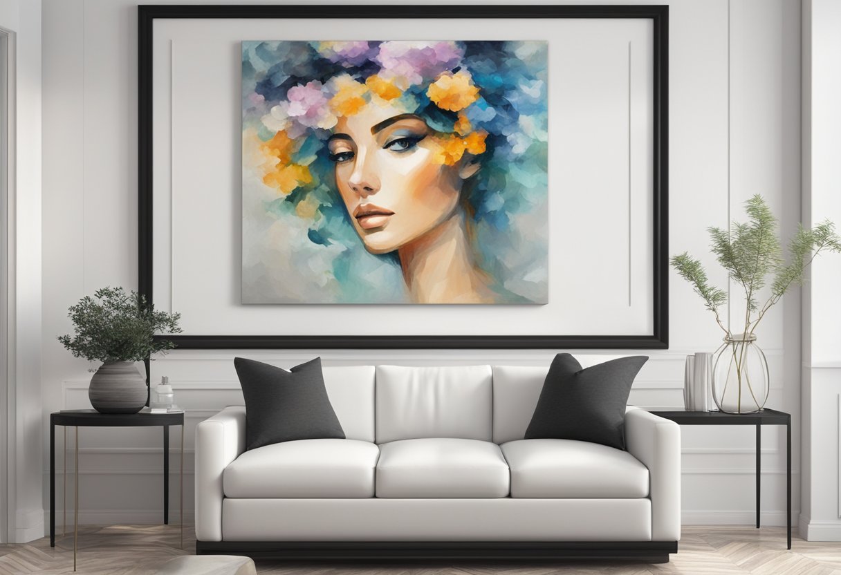 A canvas is mounted on a clean, white wall with a sleek, black frame. Soft, natural light filters in, casting a gentle glow on the artwork