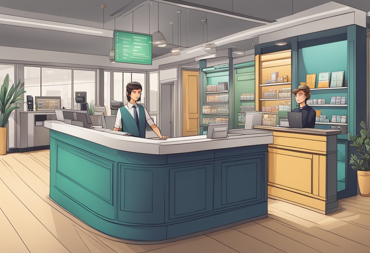 A modern studio with a sleek cash counter, a display of FAQs, and a friendly staff member assisting a customer