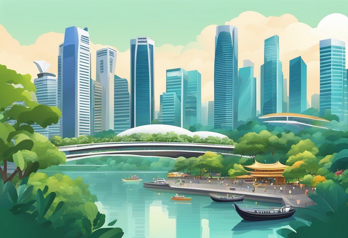 A vibrant city skyline with iconic landmarks, bustling streets, and lush greenery, showcasing the diverse culture and modernity of Singapore