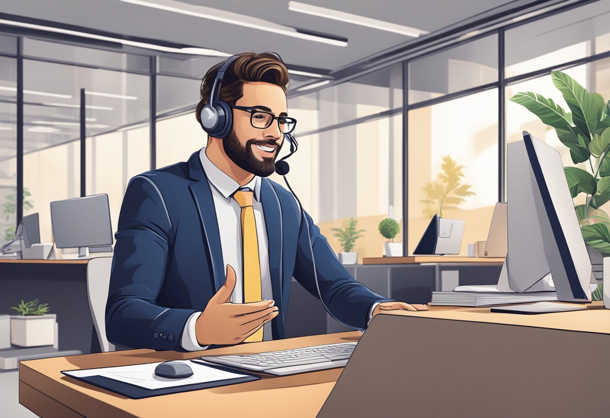 A customer service representative answering questions about canvas printing in a modern office setting