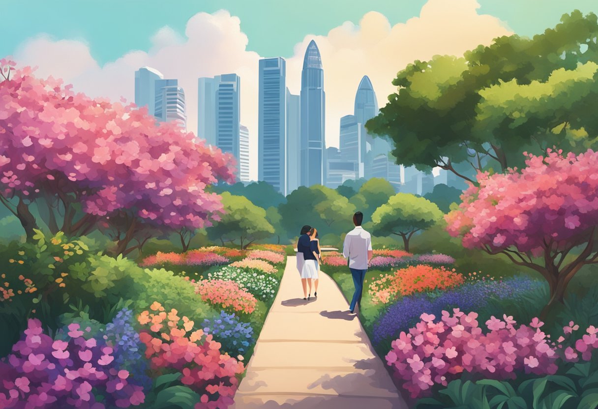 A couple strolling through a vibrant garden, surrounded by blooming flowers and lush greenery, with the iconic Singapore skyline in the background