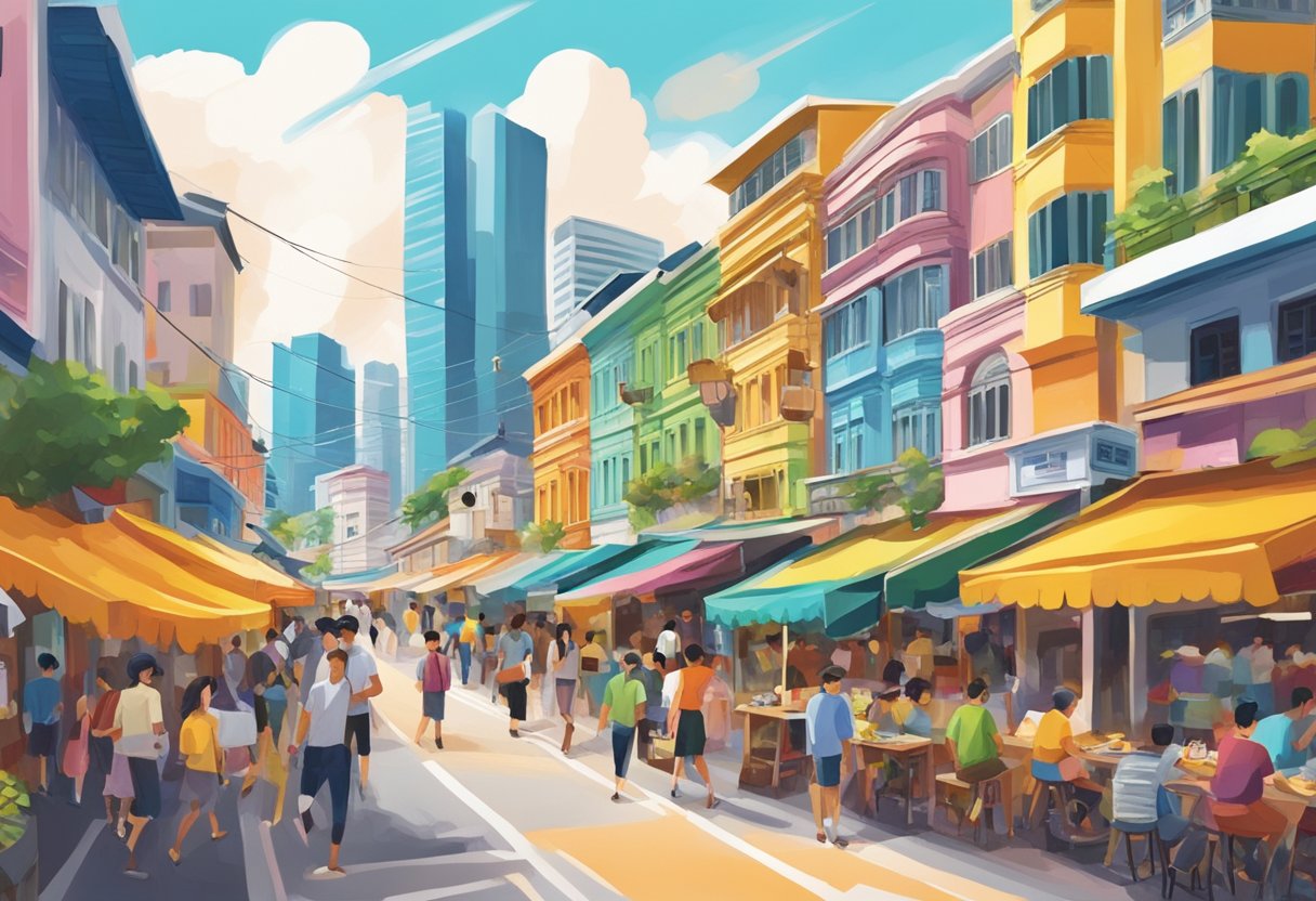 A bustling street filled with colorful buildings, bustling markets, and vibrant street art, capturing the energy and diversity of Singapore