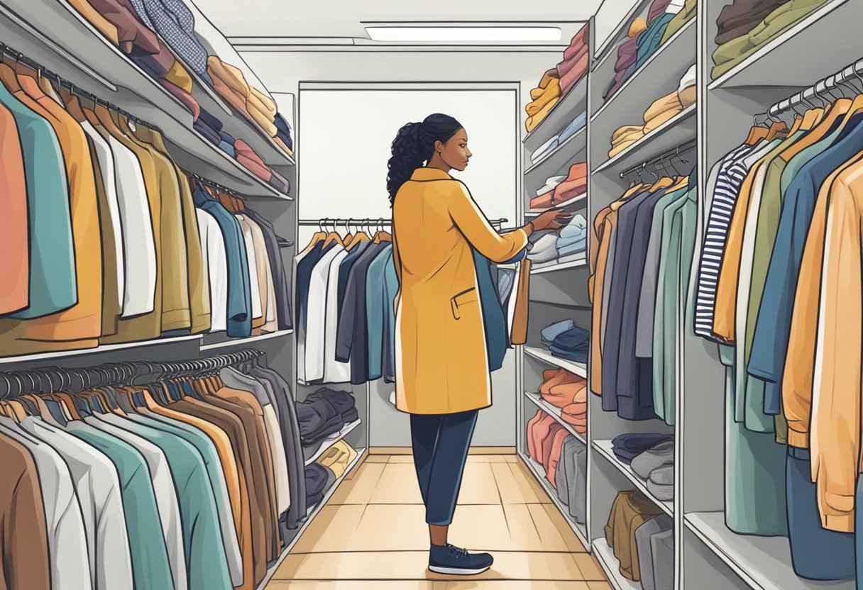 A customer browsing through a rack of neatly organized clothing items with a "Frequently Asked Questions" sign displayed prominently in the background