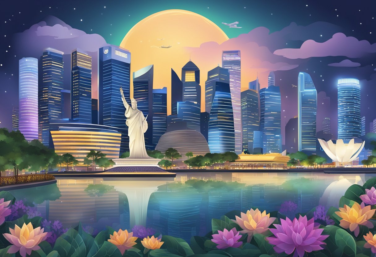A bustling Singapore skyline with iconic landmarks and vibrant city lights