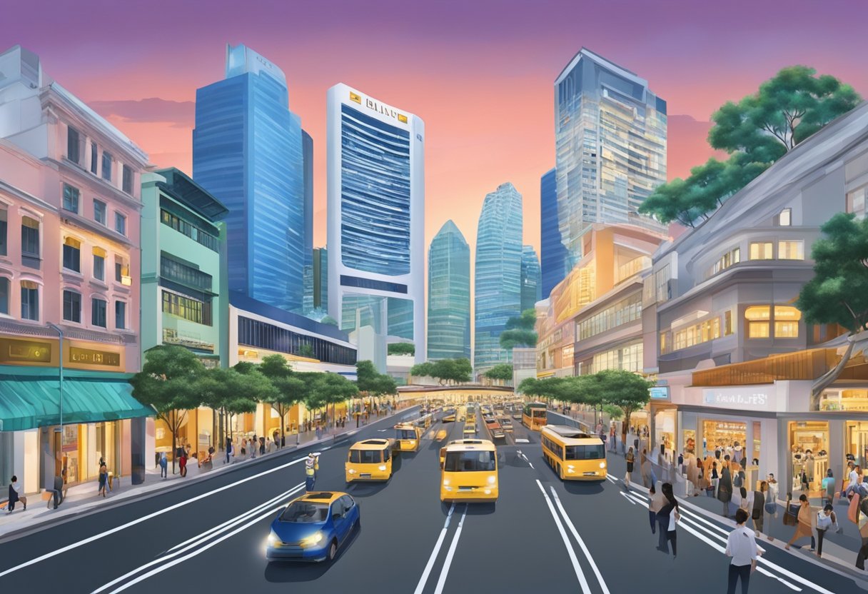 A bustling city street in Singapore, with the iconic Delvaux building standing tall amidst the modern architecture and vibrant energy