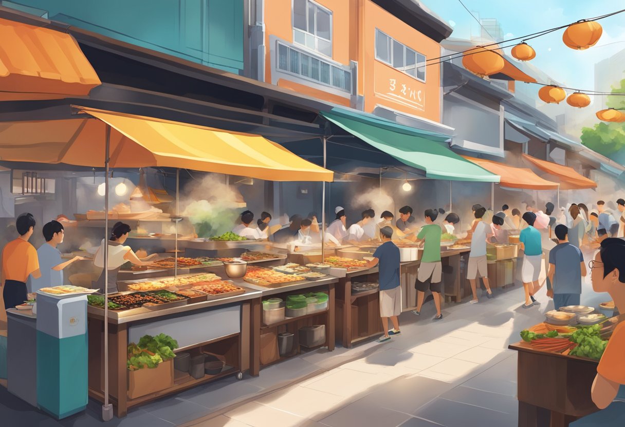 A colorful and bustling Korean street food market at Dookki Singapore, with steam rising from sizzling hotpots and vendors serving up delicious dishes