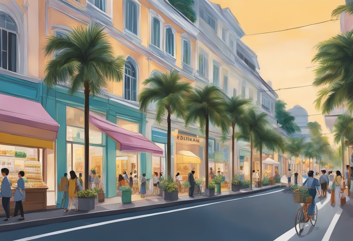 A bustling street in Singapore, showcasing the elegant storefront of Delvaux. Palm trees sway in the background, while the vibrant cityscape adds to the lively atmosphere