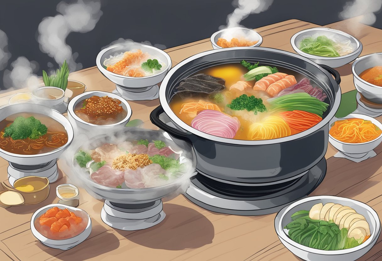 A table set with colorful Korean hotpot ingredients at Dookki Dookki Singapore, with steam rising from the bubbling broth