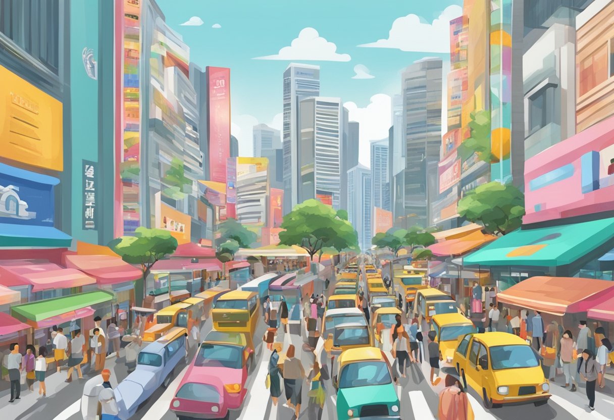 A bustling street in Singapore, with colorful signs and bustling crowds outside the Practical Information dookki
