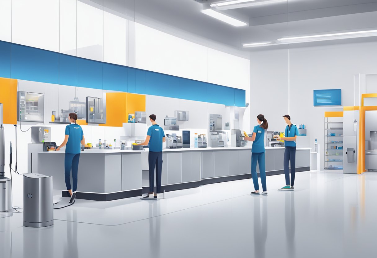 A bright, modern service center with sleek, white walls and a row of Dyson products on display. A team of technicians busy at work behind the counter