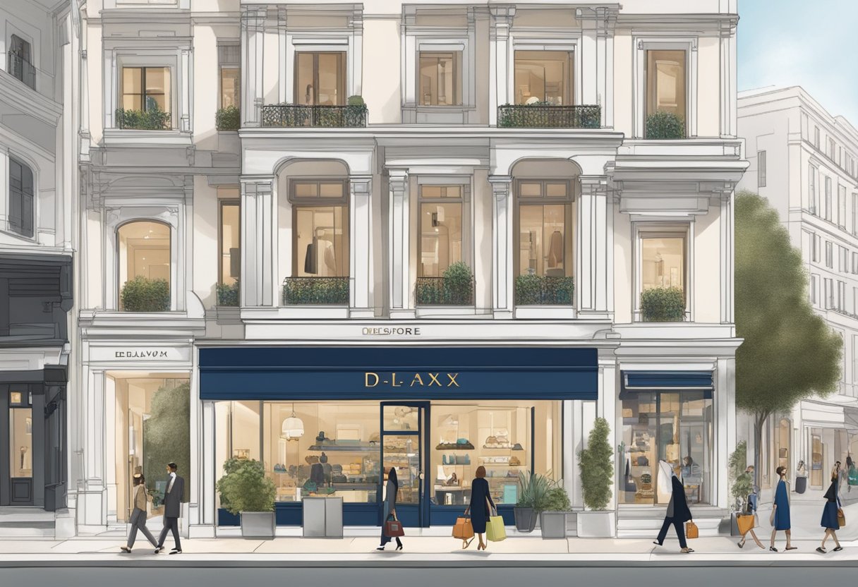 A bustling city street with a prominent Delvaux storefront, featuring a display of luxury handbags and a sign reading "Frequently Asked Questions delvaux singapore"