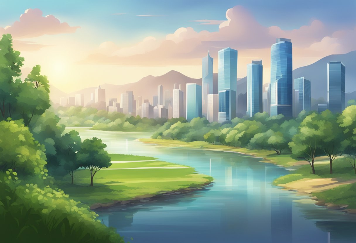 A serene landscape with a modern city skyline in the background, surrounded by lush greenery and a peaceful river flowing through the scene