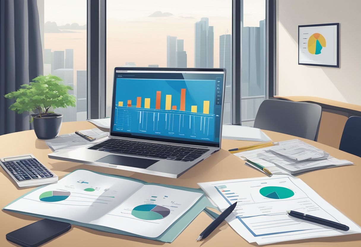 A table with a laptop, calculator, and documents. A chart showing investment growth. A Singaporean flag in the background