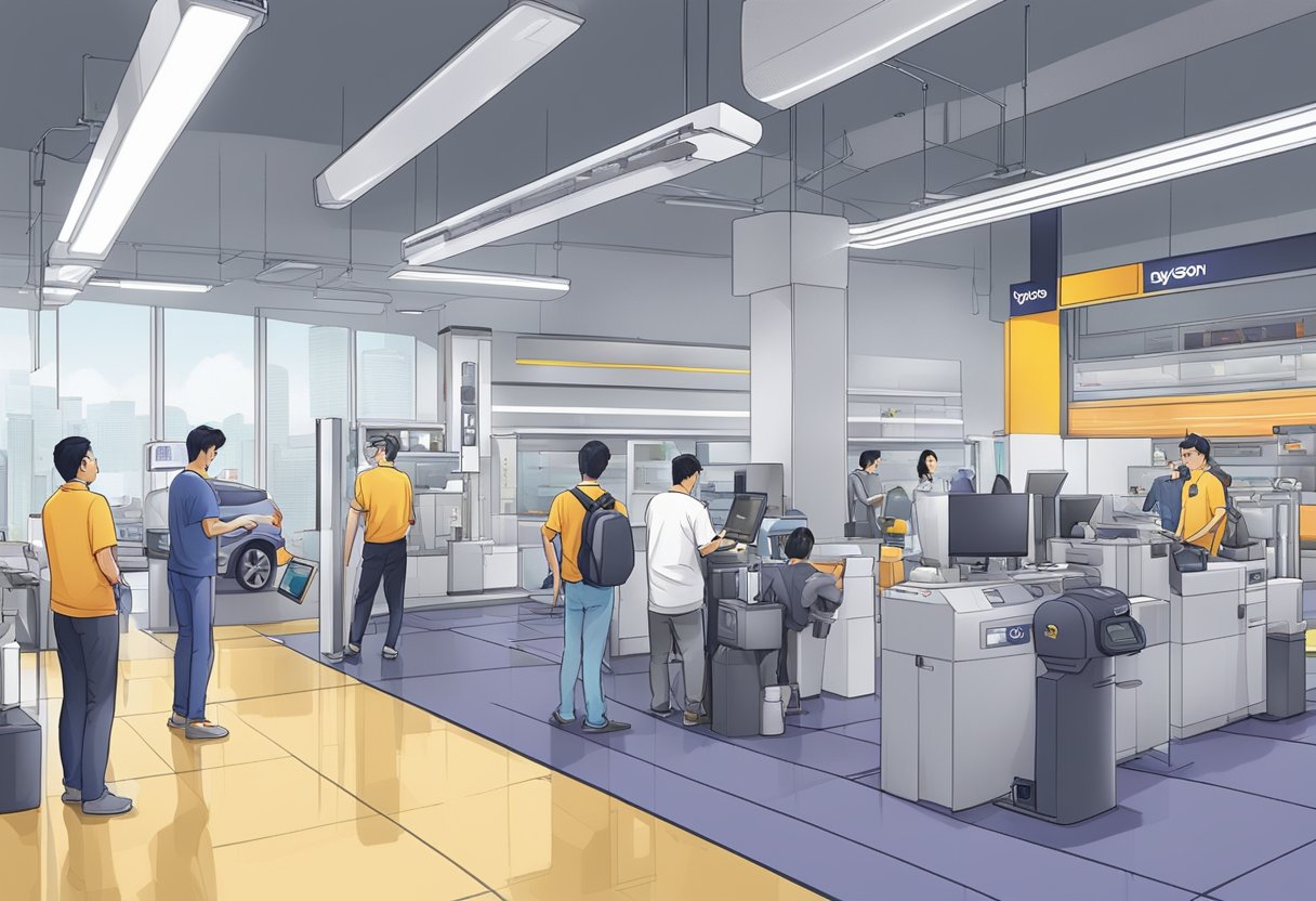 A busy Dyson service center in Singapore, with customers lining up, technicians working on machines, and a prominent "Frequently Asked Questions" sign