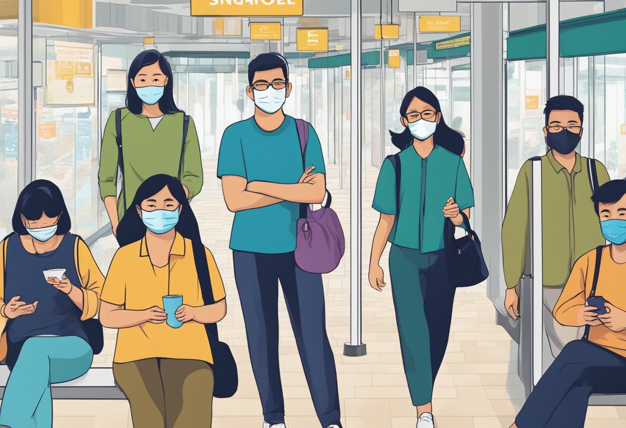 People in Singapore wearing masks in public spaces. Signs and posters reminding individuals to adhere to mask rules