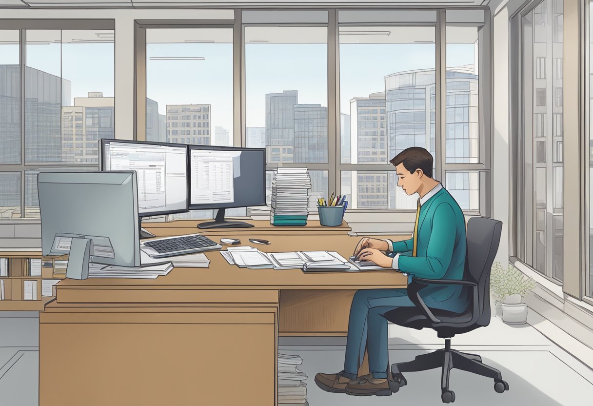 A person selecting and reviewing endowment plans in an office setting with a computer, paperwork, and a calculator on the desk
