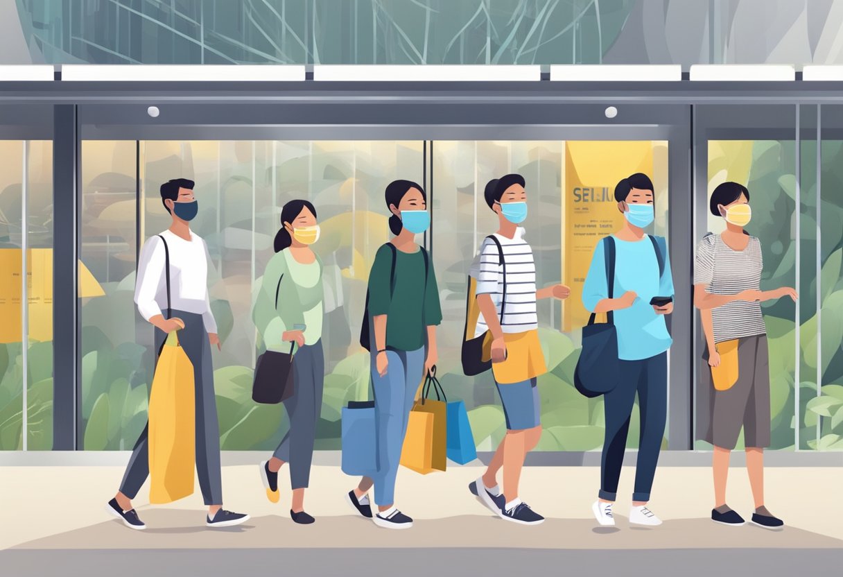 People in Singapore wear masks in public places. Signs with mask regulations are posted. Masks are required for all indoor and outdoor activities