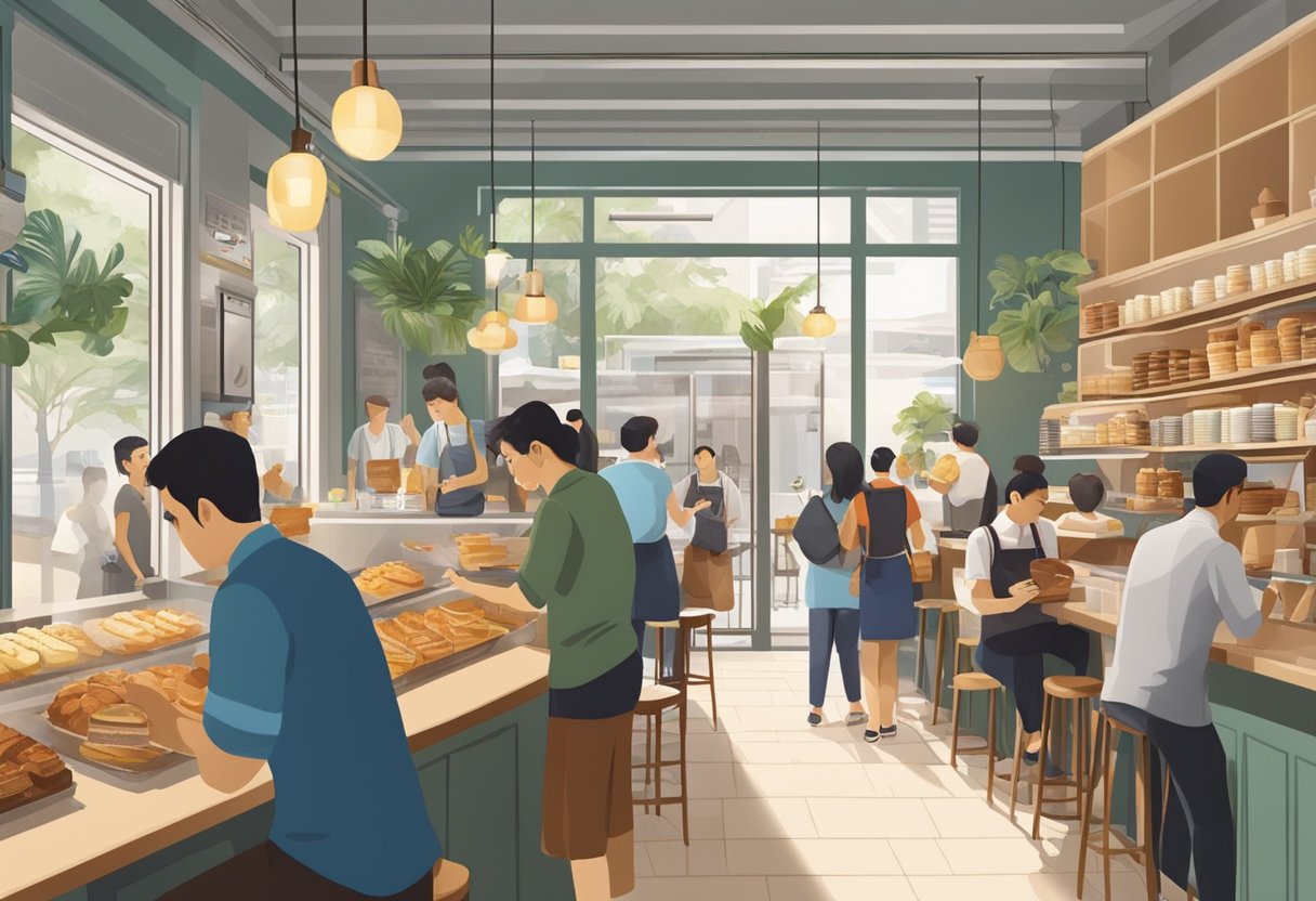 A bustling Cedele cafe in Singapore, with customers enjoying freshly baked goods and aromatic coffee