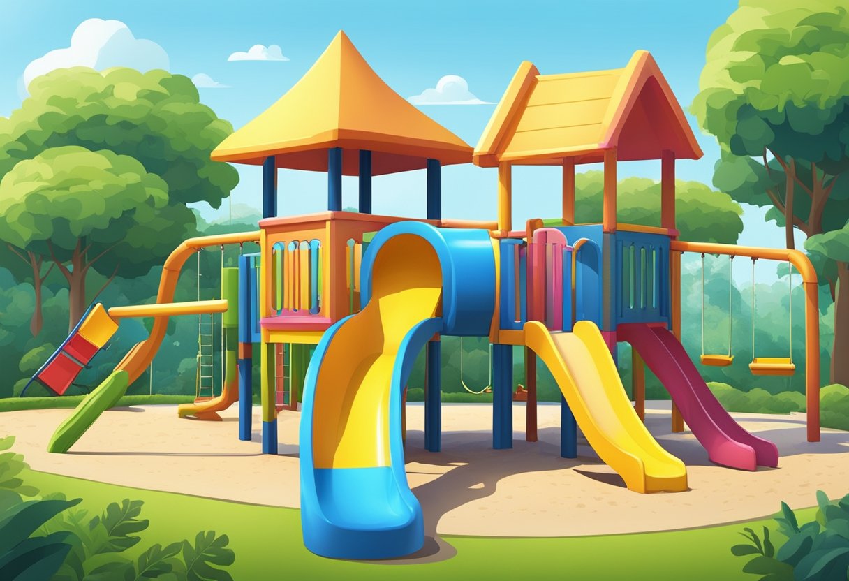 A colorful playground with a slide, swings, and a sandbox, surrounded by lush greenery and a bright blue sky, representing child care leave in Singapore