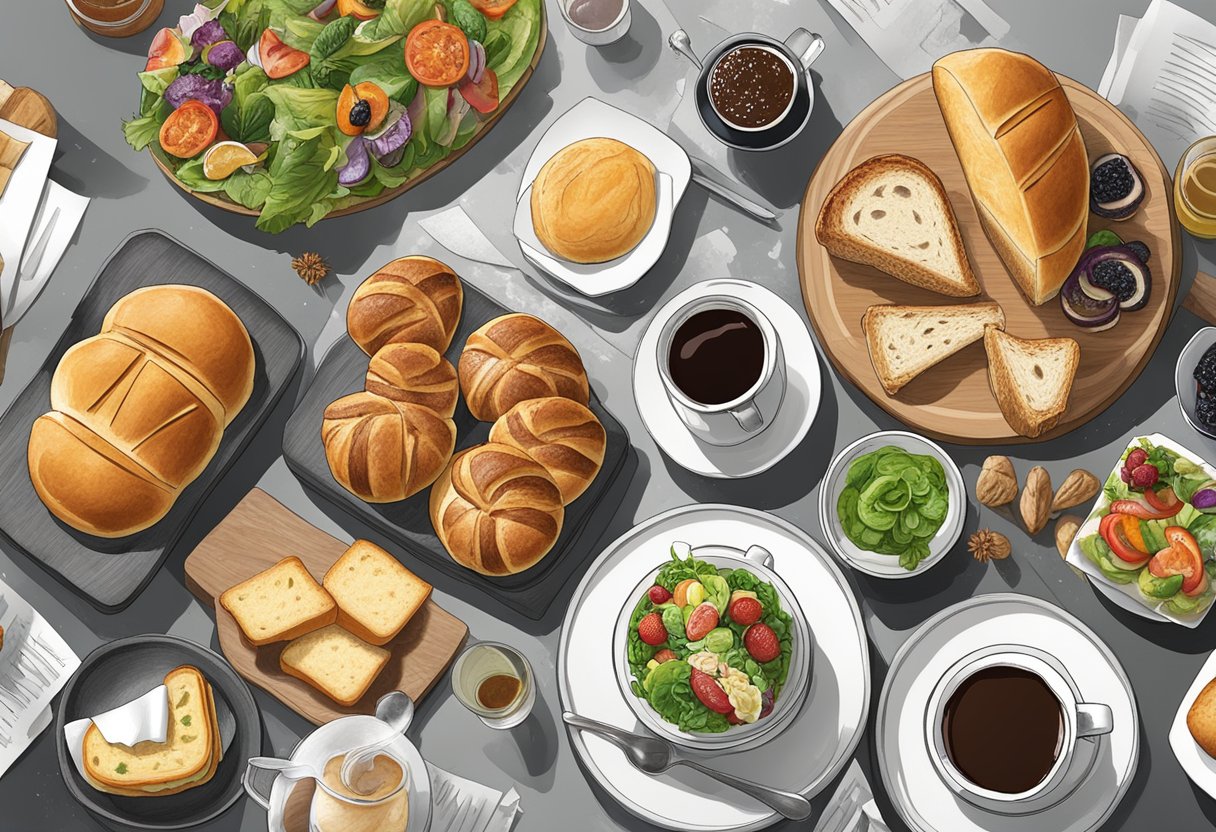 A table set with a variety of artisan bread, pastries, and gourmet sandwiches, accompanied by freshly brewed coffee and vibrant salads at Cedele Singapore
